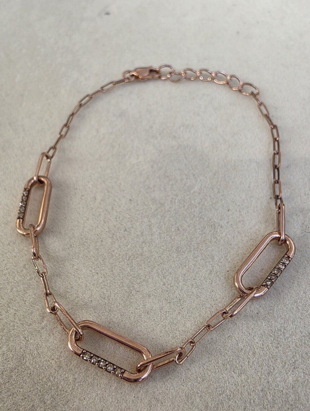 925 Rose Gold Silver Pavé Paperclip Link Chain Bracelet • 3.61g